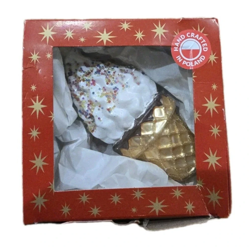 VTG Polish Glass Ice Cream Cone Ornament Sprinkles Waffle CmPolonaise Kurt Adler